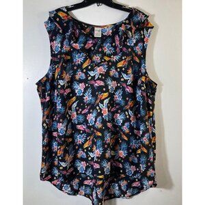 Womens Terra & Sky Ruffle Neck Sleeveless Floral Blouse‎ Black Blue White 1X